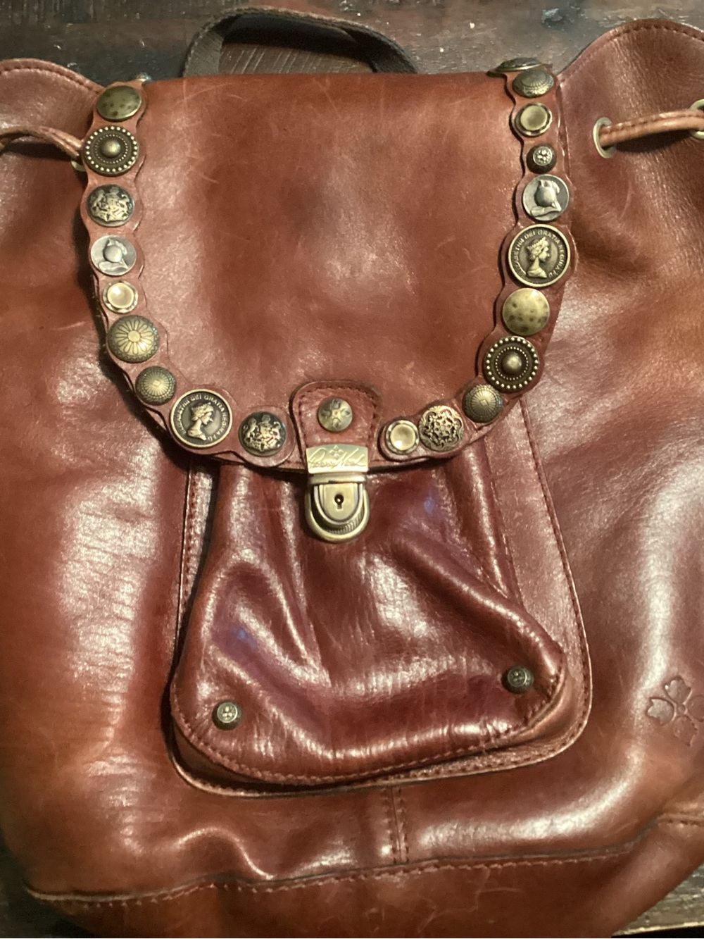 Patricia Nash Chestnut Leather Backpack with Decorative Coin Stud Trim